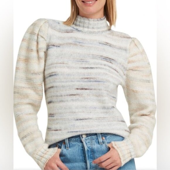 HALSTON NEW Puff Sleeve Sweater Chunky Knit Striped Mock Neck Cozy Wool Blend S - Picture 1 of 12
